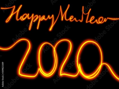 happy new year 2020 fire neon sign on black background