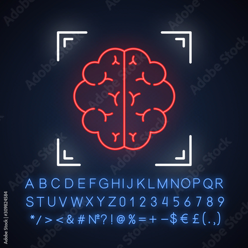 Brain scan neon light icon. Neuroimaging. Nervous system structure analysis. Medical procedure. Neurology. Glowing sign with alphabet, numbers and symbols. Vector isolated illustration