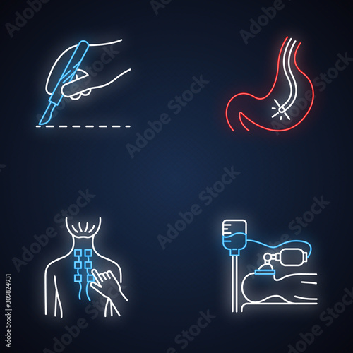 Medical procedure neon light icons set. Surgery. Endoscopy and gastroscopy. Digestive tract, stomach check. Physiotherapy. Anesthesia. Clinical aid. Glowing signs. Vector isolated illustrations