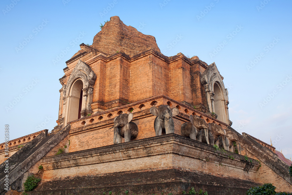Exterior of the Wat Chedi Luang, famous ancient ruined temple in Chiang Mai, Northern Thailand