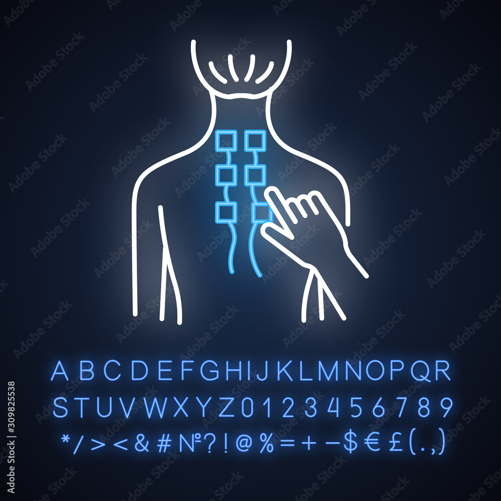 Physiotherapy neon light icon. Medical procedures. Physical therapy. Healthcare. Injury rehabilitation. Electrotherapy. Glowing sign with alphabet, numbers and symbols. Vector isolated illustration