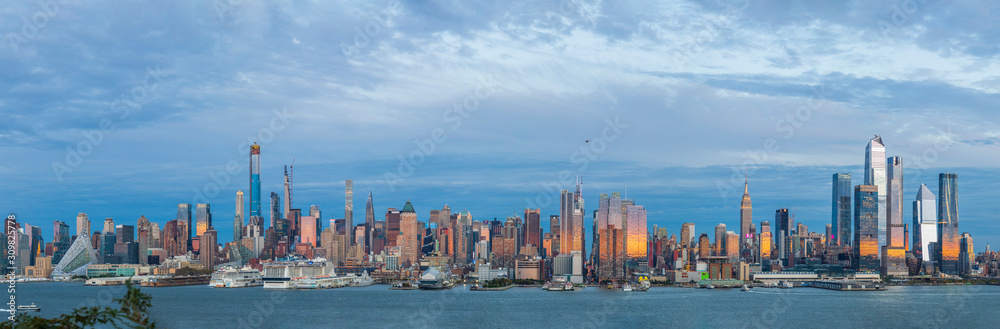 View of Manhattan skyline at sunset, New York City, United States
