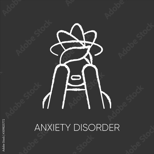 Anxiety disorder chalk icon. Fear and worry. Depressed man. Panic attack. Distress. Headache, migraine. Confused thoughts. Mental problem. Stress and tension. Isolated vector chalkboard illustration