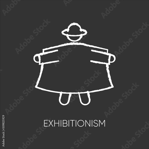 Exhibitionism chalk icon. Nude body exposure. Pervert in open coat. Deviation and perversion. Inappropriate erotic behaviour. Paraphilia. Mental disorder. Isolated vector chalkboard illustration