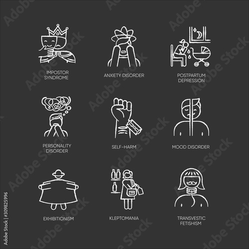 Mental disorder chalk icons set. Impostor syndrome. Anxiety. Postpartum depression. Personality disorder. Self-harm. Exhibitionism. Kleptomania. Fetishism. Isolated vector chalkboard illustrations