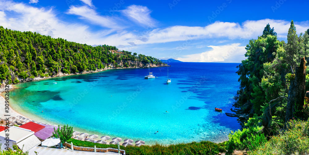 Best beaches of Alonissos island - tranquil organized Milia. Sporades, Greece Best beaches of Alonissos island - tranquil organized Milia. Sporades, Greece