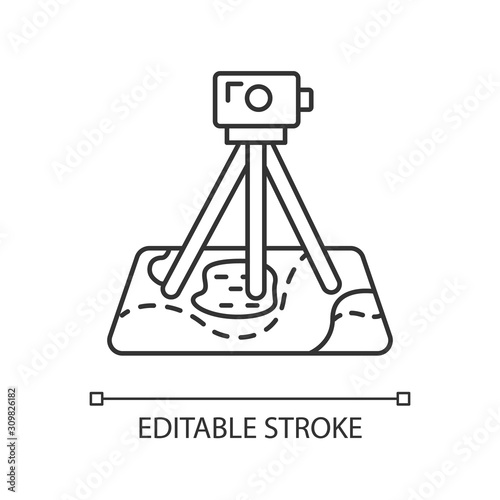 Field survey linear icon. Research equipment. Archeological examination. Digital tool on map. Topographic data. Thin line illustration. Contour symbol. Vector isolated outline drawing. Editable stroke