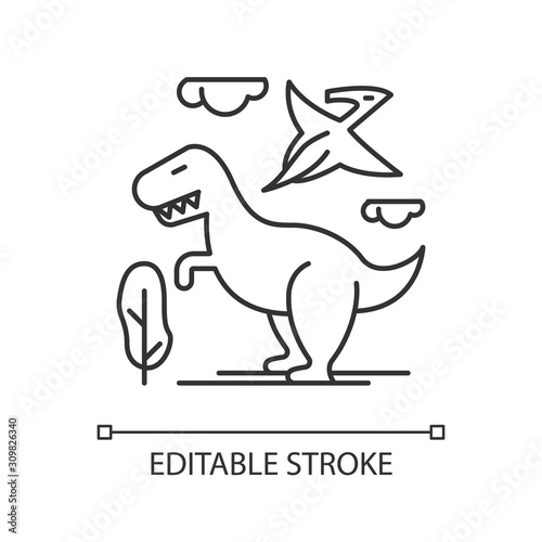 Dinosaurs linear icon. Prehistoric animals. Tyrannosaurus rex. Flying pterodactyl. Archeology and history. Thin line illustration. Contour symbol. Vector isolated outline drawing. Editable stroke