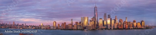 View of Manhattan skyline at sunset, New York City, USA
