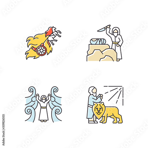 Bible narratives color icons set. Chariot of fire, binding of Isaac myths. Religious legends. Christian religion, holy book scenes plot. Biblical stories. Isolated vector illustrations