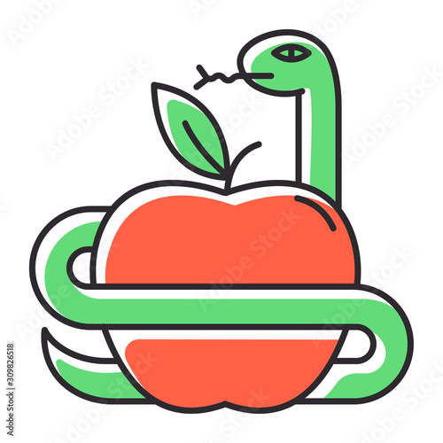 Adam and Eve Bible story color icon. Forbidden fruit. Snake and apple. Religious legends. Christian religion, holy book scenes plot. Biblical narratives. Isolated vector illustration