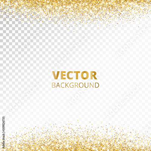 Sparkling glitter border, frame. Falling golden dust isolated on transparent background. Vector decoration.