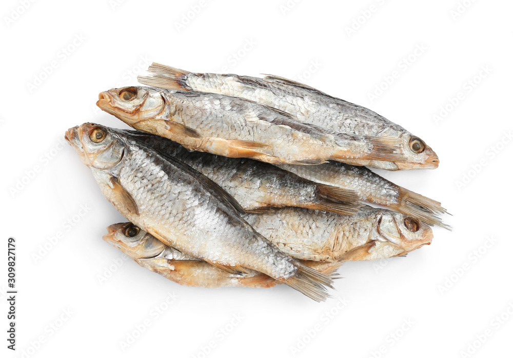 Tasty dried fish isolated on white, top view. Seafood