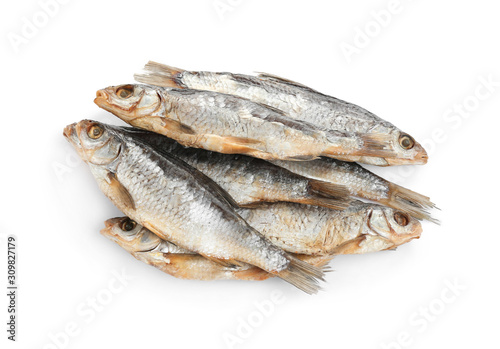 Tasty dried fish isolated on white, top view. Seafood