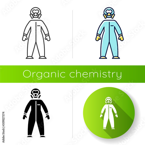 Protective suit icon. Chemical industries. Biohazard, radioactive protection. Safety of worker. Organic chemistry. Flat design, linear, black and color styles. Isolated vector illustrations