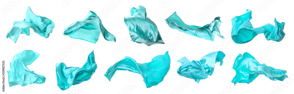 Fototapeta premium Collage with flying fabric on white background