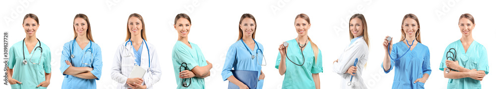 Collage of female doctor with stethoscope on white background Collage of female doctor with stethoscope on white background
