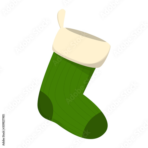 Green stocking vector isolated. Christmas sock, decoration element.
