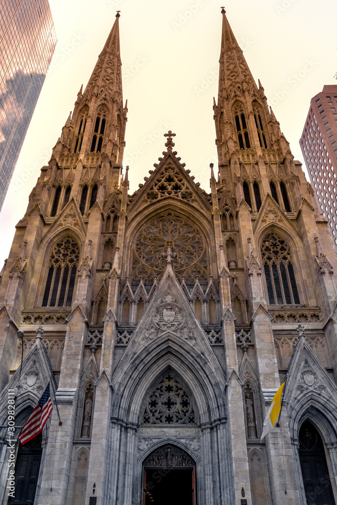  St. Patrick's Cathedral facade at Sunset. Manhattan, New York City. United States.