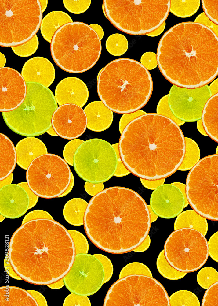 cute set with orange slices of orange, lemon and citron on a black background for menu or recipe, concept of vegetarian, vitamin and healthy food, background, textile, postcard, wallpaper cute set with orange slices of orange, lemon and citron on a black background for menu or recipe, concept of vegetarian, vitamin and healthy food, background, textile, postcard, wallpaper