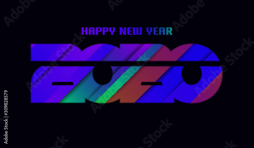 Happy 2020 new year colorful banner in paper cut style  neon night color  Vector illustration.
