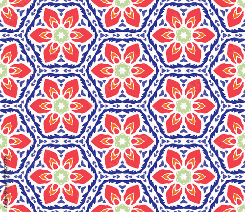 Bold Vector Summer Daisy Flower Background. Classic Blue Red on White. Modern Geometric Floral Seamless Pattern. Kaleidoscope Flourish Motif. Bright Decorative Textile. All Over Print Eps 10 Tile