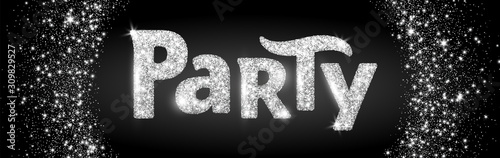 Party word, glitter banner with typography. Sparkles on black background, silver vector dust.