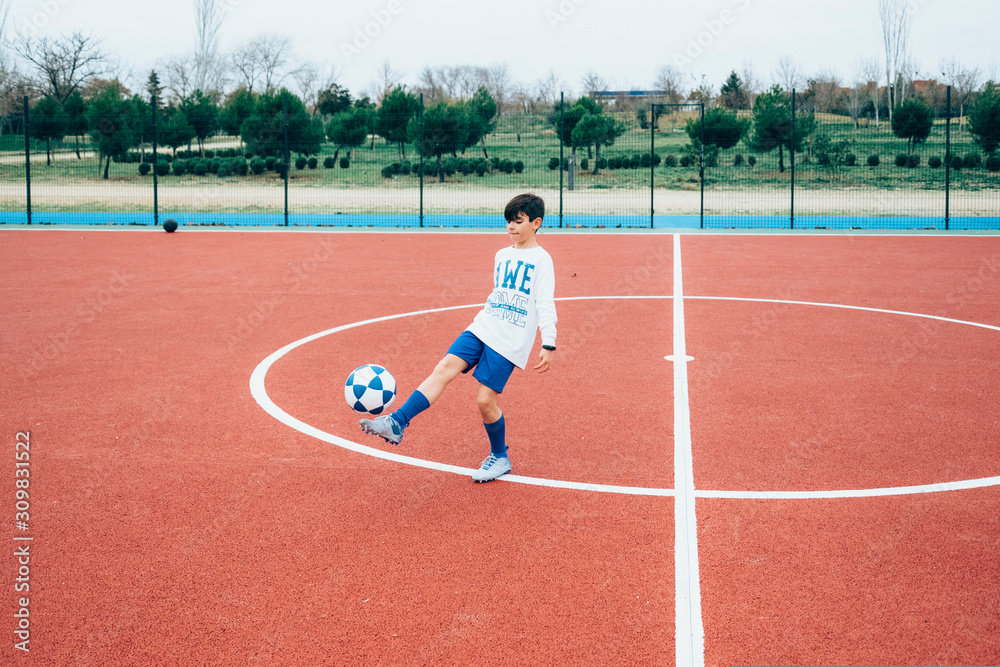 Fototapeta premium Soccer player boy hitting the ball