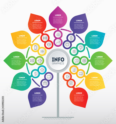 Business presentation with 11 steps and 22 icons. Template of development tree. Diagram looks like Flower. Infographic of technology or education process with eleven options. Vector.
