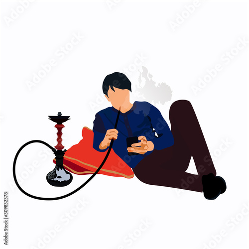 Vector stock illustration of hookah and hookah smoker in Douma lying on pillows. A man smokes lying in gute Pfeife and lets rings of fragrant smoke. For clubs Hookah night Night Hookah Design Template
