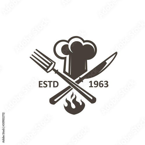 monochrome illustrations of crossed knife, fork and chef hat isolated on white background