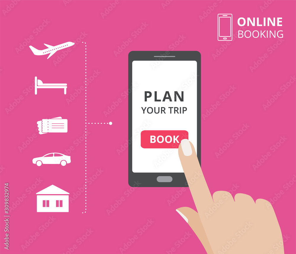 Hand holding smartphone with book button on screen. Online booking design elements. hotel, flight, car, tickets