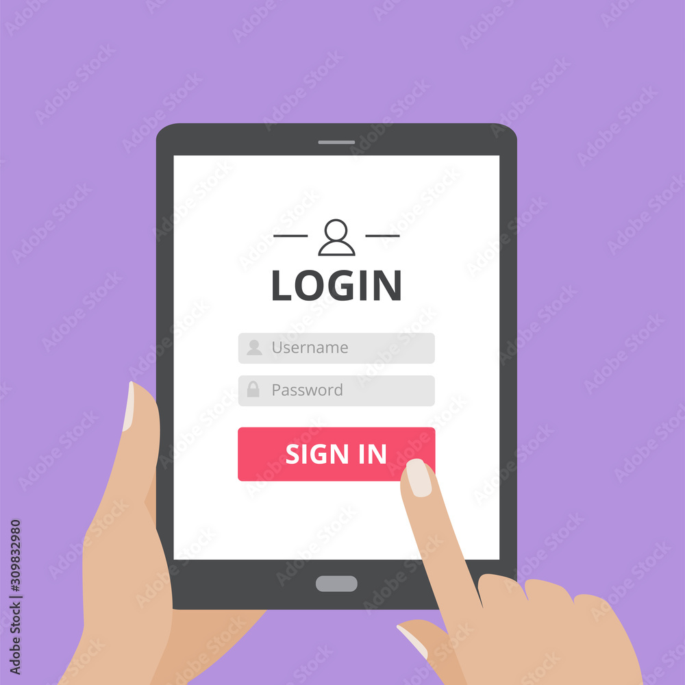 Hand touching the screen of tablet computer with user login form page and sign in button. Hand touching the screen of tablet computer with user login form page and sign in button.