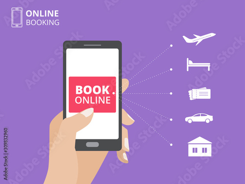 Hand holding smartphone with book button on screen. Online booking design concept. Hotel, flight, car, tickets.