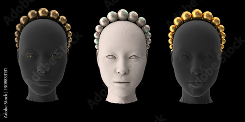 Female head with beautiful facial expression with pearl and gold hair bezel for fashion magazine on black background 3d rendering