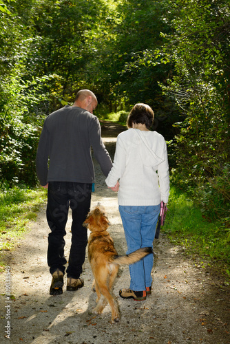 Couple holding hands and walking a dog on a path in a forest of Toronto