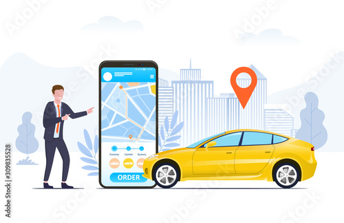 Businessman using a ride hailing app to order a car on his mobile phone showing the screen with his urban location and map marker, in a conceptual vector illustration