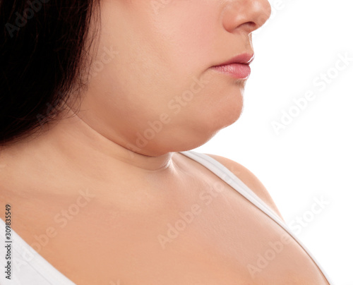 Woman with double chin on white background, closeup