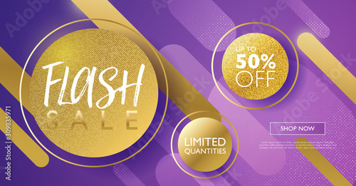 Flash sale marketing banner. Discount promo offer flyer and poster. Purple and gold with geometric round objects abstract background. Vector illustration template.
