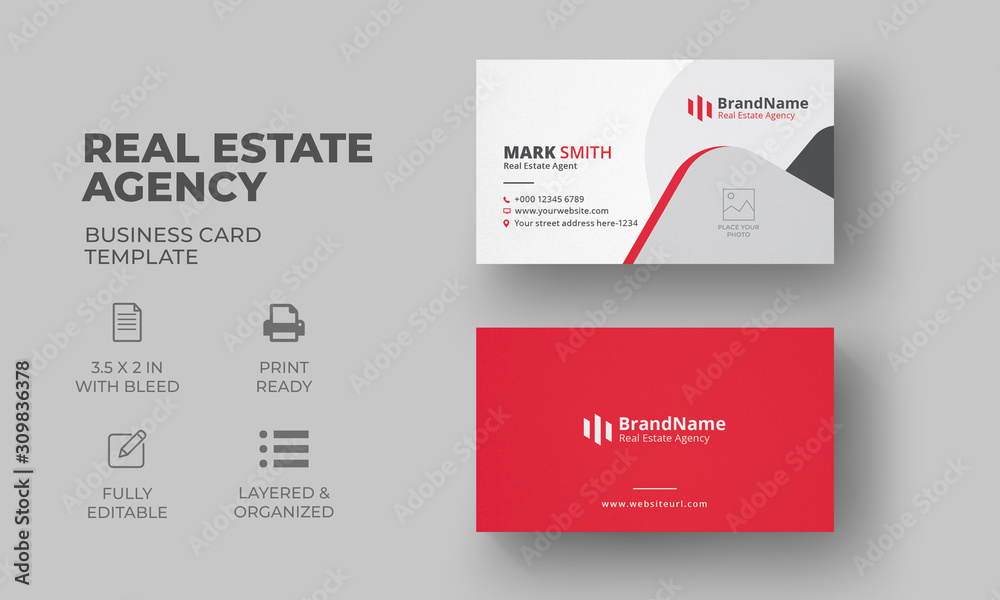 Fototapeta premium Corporate Business Card Template | Real Estate Business Card Design with red color