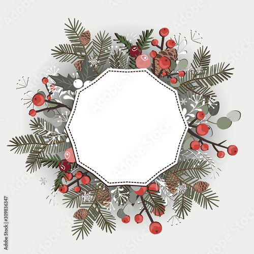 Beautiful Christmas decorative wreath greeting card. Pine branches, berries, ilex, cedar cones isolated on white background. Vector illustration