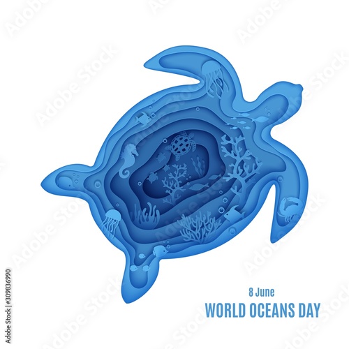 Silhouette of a turtle cut out of paper. Papercut butterflyfish, jellyfish, moonfish, sea horse, crab. Craft underwater ocean cave with fishes, coral reef, algae, waves. Vector World Ocean Day concept