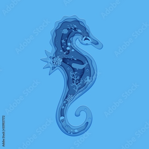 Silhouette of a seahorse cut out of paper. Papercut marine life sea horse, jellyfish, whale, crab. Craft underwater ocean cave with fishes, coral reef, algae waves. Vector World Ocean Day concept.
