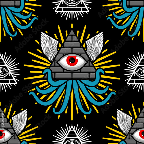 Pyramid with an eye pattern seamless. All-seeing eye background. Symbol of world government. Illuminati conspiracy theory texture. sacred sign ornament