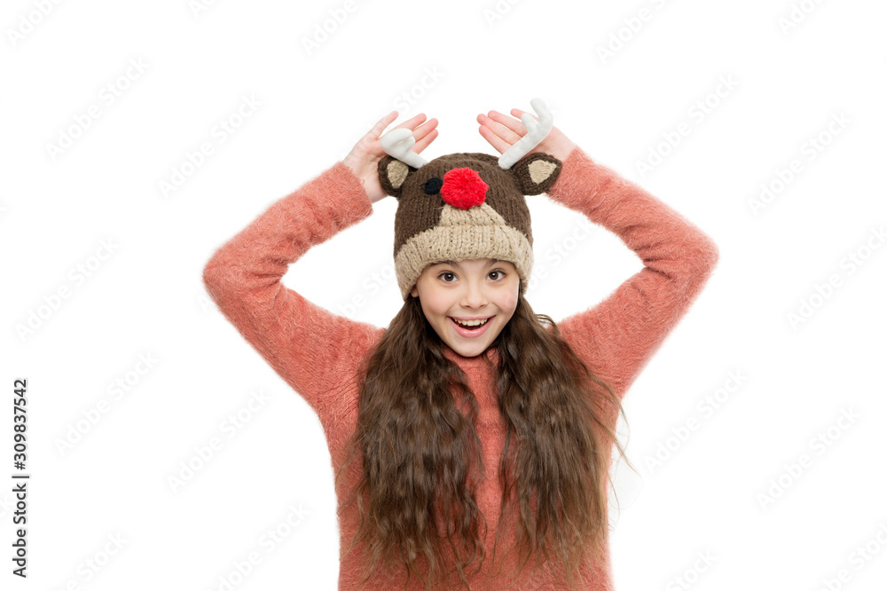 Winter Sale Starts Now. say no to winter cold. funny small girl in hat.  favorite knitted funny hat. active healthy childhood. feeling cosy and  warm. kid knitwear fashion. happy little kid Stock