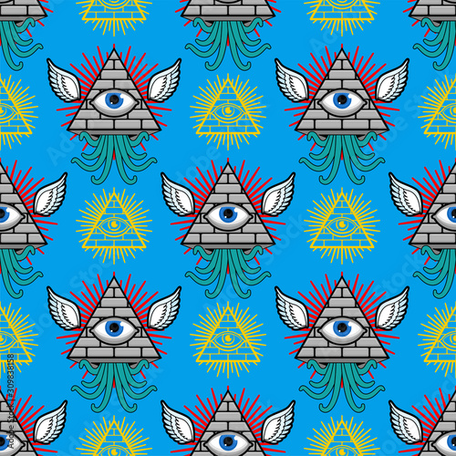 Pyramid with an eye pattern seamless. All-seeing eye background. Symbol of world government. Illuminati conspiracy theory texture. sacred sign ornament