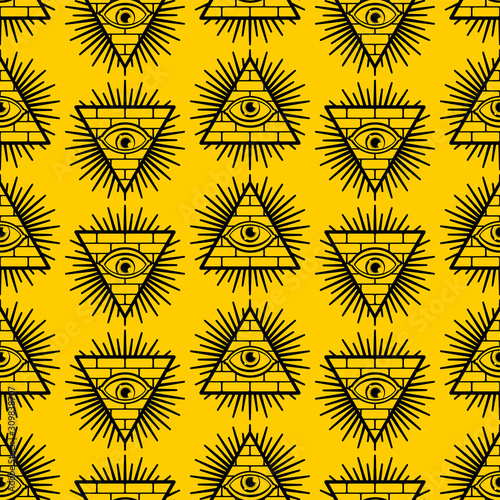 Pyramid with an eye pattern seamless. All-seeing eye background. Symbol of world government. Illuminati conspiracy theory texture. sacred sign ornament