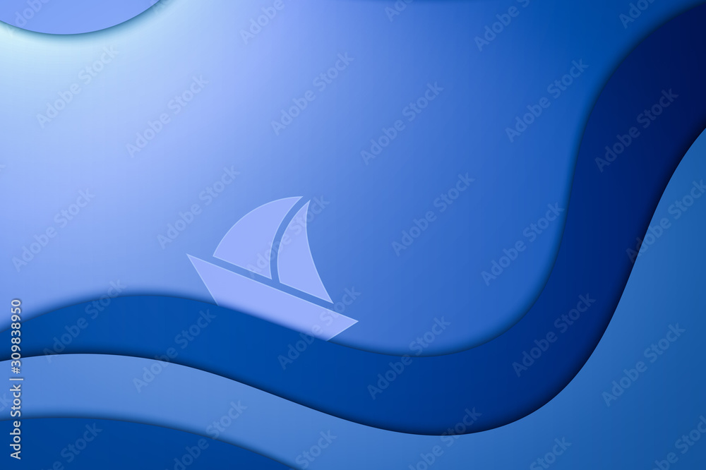 Sea and ship. Paper cut illustration. Blue waves.