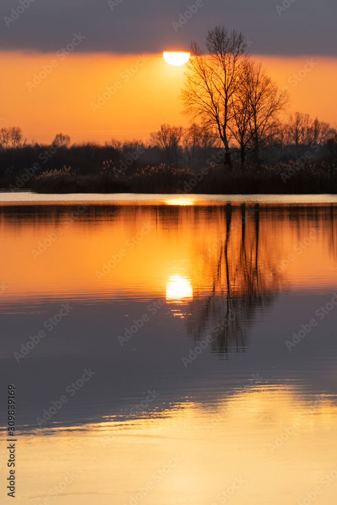Magical sunset over the river in rural terrain. Beautiful reflections in the water of trees, the sun and coastal vegetation. Natural calm beautiful  landscape.