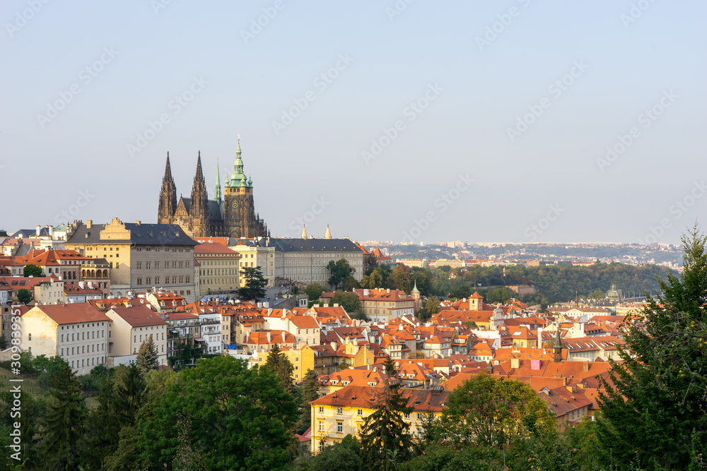 View at Prague castle at sunset with the city beneath